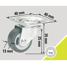 Roue pivotante avec des dimensions de 40 x 40 mm, 35 mm de haut et une capacité de charge de 15 kg
