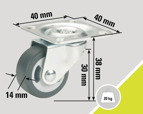 Roue pivotante avec plaque et dimensions 40 x 40 millimètres, 38 millimètres de hauteur et 14 millimètres d'épaisseur de roue. La charge maximale est de 20 kilogrammes.