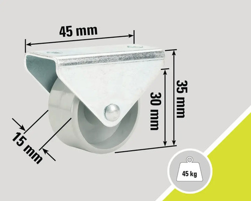Roue pivotante avec une capacité de charge de 45 kilogrammes et des dimensions de 45 mm, 35 mm, 30 mm et 15 mm.