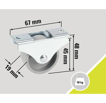 Rolle mit einer Tragkraft von 50 Kilogramm und Größenangaben