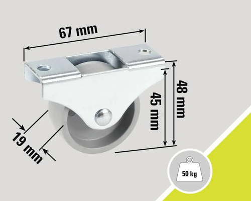 Rolle mit einer Tragkraft von 50 Kilogramm und Größenangaben