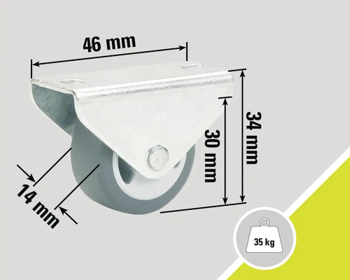 Lenkrolle mit den Maßen 46 mm, 34 mm und 14 mm sowie einer Traglast von 35 kg