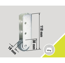 Roulette pour meubles avec des dimensions de 118 mm de hauteur, 38 mm de profondeur et 18 mm de diamètre de roue, capacité de charge de 45 kg