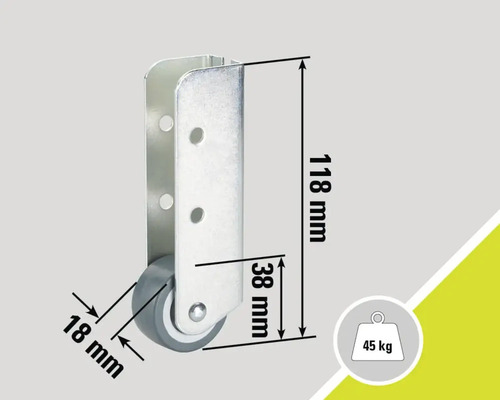 Roulette pour meubles avec des dimensions de 118 mm de hauteur, 38 mm de profondeur et 18 mm de diamètre de roue, capacité de charge de 45 kg