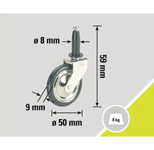 Roulette pour meubles avec tige, diamètre 50 millimètres et capacité de charge 8 kilogrammes
