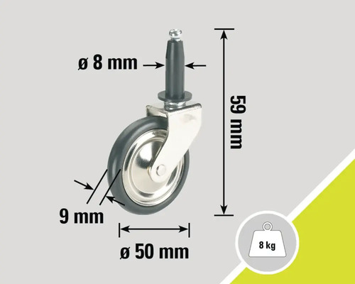 Roulette pour meubles avec tige, diamètre 50 millimètres et capacité de charge 8 kilogrammes