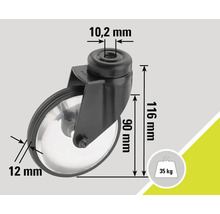 Rolle mit den Maßen 116 mm Höhe, 90 mm Raddurchmesser, 10,2 mm Bolzendurchmesser und 12 mm Radbreite, Traglast 35 kg