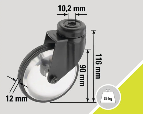 Rolle mit den Maßen 116 mm Höhe, 90 mm Raddurchmesser, 10,2 mm Bolzendurchmesser und 12 mm Radbreite, Traglast 35 kg