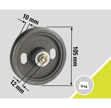 Poulie de câble métallique avec des dimensions de 105 mm x 10 mm x 12 mm et une capacité de charge de 75 kg
