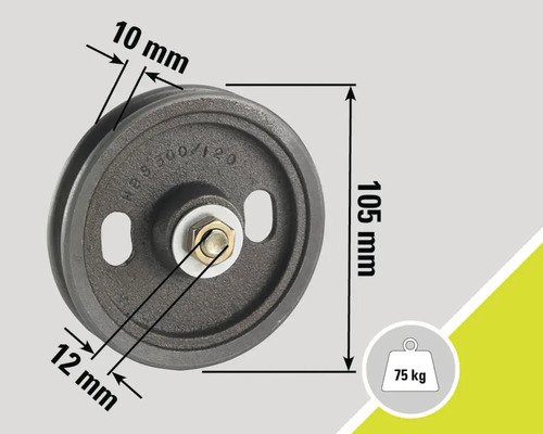 Poulie de câble métallique avec des dimensions de 105 mm x 10 mm x 12 mm et une capacité de charge de 75 kg