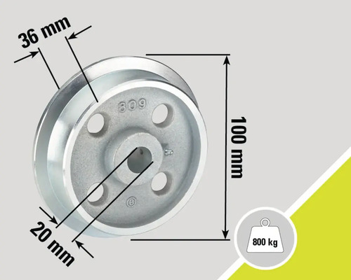 Poulie avec les dimensions 36 mm, 100 mm et 20 mm, charge maximale 800 kg