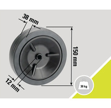 Rad mit den Maßen 150 mm Höhe, 38 mm Laufflächenbreite, 12 mm Achsloch und 30 kg Traglast