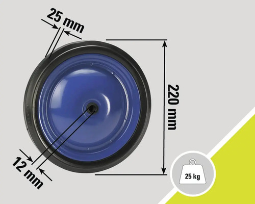 Roue avec dimensions de 220 mm de diamètre, 25 mm de largeur de pneu et alésage de 12 mm pour une charge maximale de 25 kg