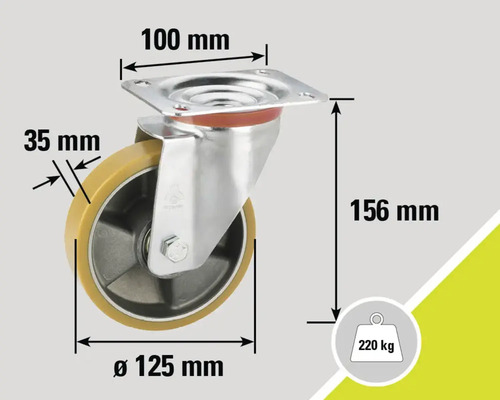 "Lenkrolle mit den Maßen 100 mm mal 100 mm Montageplatte, 125 mm Raddurchmesser, 35 mm Radbreite und 156 mm Bauhöhe