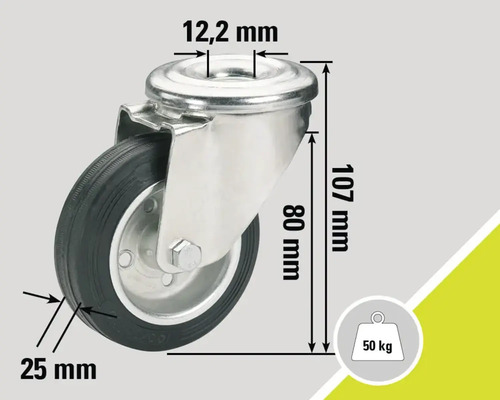 Lenkrolle mit den Maßen 12,2 mm, 25 mm, 80 mm und 107 mm, maximale Traglast 50 kg