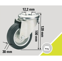 Roue pivotante avec les dimensions 12,2 mm, 30 mm, 100 mm et 128 mm, charge maximale 75 kg