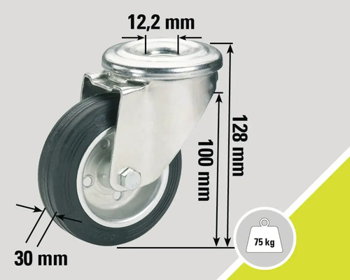 Roue pivotante avec les dimensions 12,2 mm, 30 mm, 100 mm et 128 mm, charge maximale 75 kg