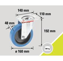 Lenkrolle mit den Maßen 160 Millimeter Durchmesser, 48 Millimeter Breite und 300 Kilogramm Traglast