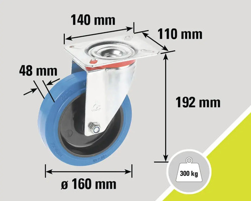 Lenkrolle mit den Maßen 160 Millimeter Durchmesser, 48 Millimeter Breite und 300 Kilogramm Traglast