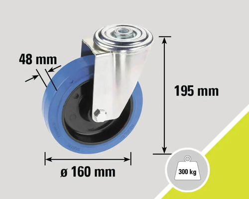Roue pivotante d'un diamètre de 160 mm, d'une largeur de roue de 48 mm et d'une capacité de charge de 300 kg