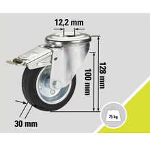 Roue pivotante avec frein, dimensions 128 mm de hauteur, 30 mm de diamètre de roue, capacité de charge 75 kilogrammes