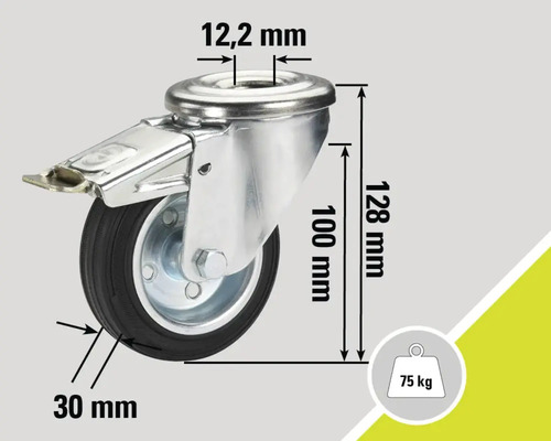 Roue pivotante avec frein, dimensions 128 mm de hauteur, 30 mm de diamètre de roue, capacité de charge 75 kilogrammes