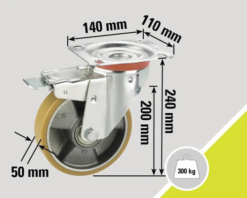 Lenkrolle mit Feststeller und Maßangaben: 140 mm x 110 mm Montageplatte, 240 mm Höhe, 200 mm Raddurchmesser, 50 mm Radbreite, Traglast 300 kg