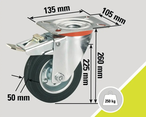 Roue pivotante avec dispositif de blocage et indications de dimensions : 135 mm, 105 mm, 260 mm, 225 mm, 50 mm, capacité de charge 250 kg