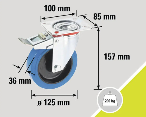 Lenkrolle mit Feststeller und Maßangaben