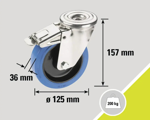 Lenkrolle mit Feststeller und den Massangaben 157 mm Höhe, 125 mm Durchmesser und 36 mm Reifenbreite, Tragkraft 200 kg