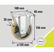 Lenkrolle mit den Massen 100 mm mal 85 mm, Raddurchmesser 125 mm, Radbreite 35 mm, Bauhöhe 156 mm und Tragkraft 220 kg