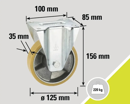 Lenkrolle mit den Massen 100 mm mal 85 mm, Raddurchmesser 125 mm, Radbreite 35 mm, Bauhöhe 156 mm und Tragkraft 220 kg