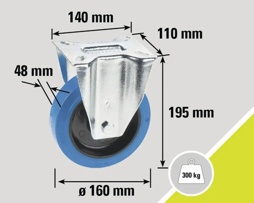 Roue avec indications de dimensions et une capacité de charge de 300 kilogrammes
