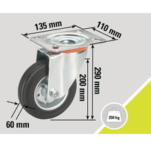 Roue pivotante avec les dimensions 135 mm x 110 mm pour la platine de montage, hauteur totale de 290 mm et diamètre de roue de 60 mm, capacité de charge de 250 kg