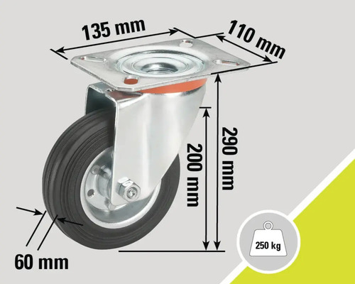 Roue pivotante avec les dimensions 135 mm x 110 mm pour la platine de montage, hauteur totale de 290 mm et diamètre de roue de 60 mm, capacité de charge de 250 kg