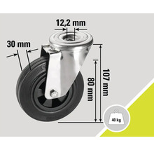 Roue pivotante avec des dimensions de 107 mm de hauteur, 80 mm de hauteur de fourche, 30 mm de largeur de pneu et 12,2 mm d'alésage, capacité de charge de 40 kg