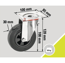 Lenkrolle mit den Maßen 100 x 85 Millimeter für die Montage, 128 Millimeter Höhe, 100 Millimeter Raddurchmesser und 30 Millimeter Radbreite, Traglast 60 Kilogramm