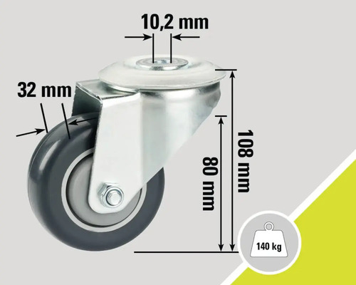 Roue pivotante avec des dimensions de 10,2 mm, 32 mm, 80 mm, 108 mm et une capacité de charge de 140 kg.