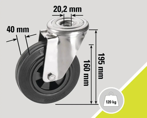 Roue pivotante avec les dimensions 40 millimètres, 20,2 millimètres, 160 millimètres et 195 millimètres, capacité de charge 120 kilogrammes