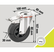 Lenkrolle mit Feststeller und Maßangaben