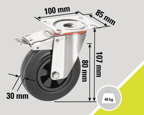 Lenkrolle mit Feststeller und Maßangaben