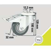Lenkrolle mit Bremse und Maßangaben