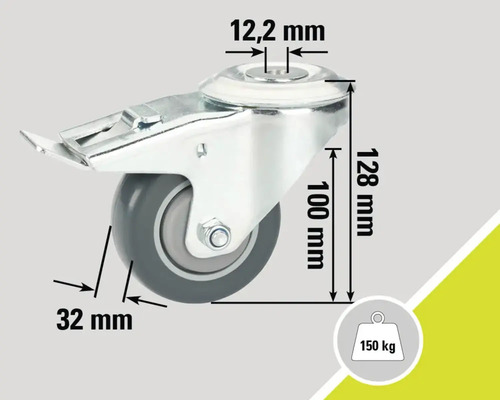 Lenkrolle mit Bremse und Maßangaben