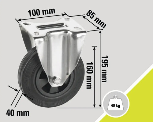 Rolle mit Feststeller und den Maßangaben 100 mm, 85 mm, 40 mm, 160 mm und 195 mm, Traglast 40 kg