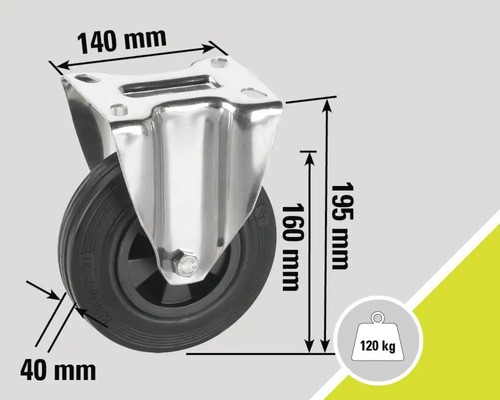 Roue pivotante avec des dimensions de 140 mm x 40 mm x 195 mm et une capacité de charge de 120 kilogrammes.