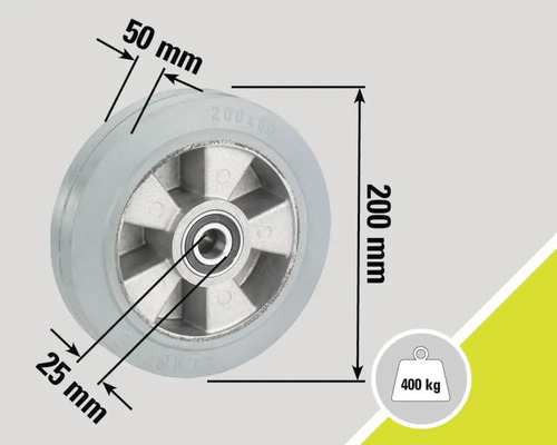 Rollen-Detailansicht mit Maßangaben: 200 mm Durchmesser, 50 mm Radbreite, 25 mm Achsbohrung, Traglast 400 kg