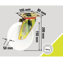Rollenbock mit den Maßen 105 mm mal 80 mm, einer Höhe von 200 mm, einem Raddurchmesser von 50 mm und einer Traglast von 750 kg