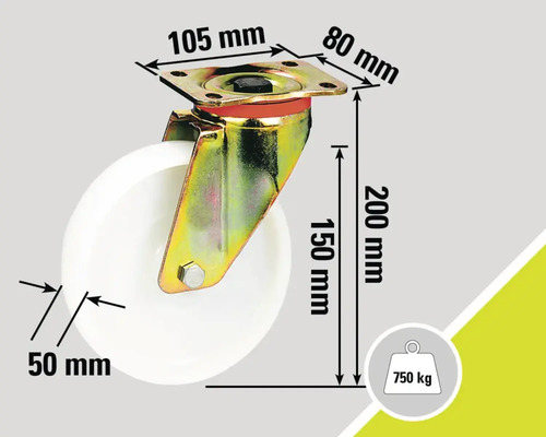 Rollenbock mit den Maßen 105 mm mal 80 mm, einer Höhe von 200 mm, einem Raddurchmesser von 50 mm und einer Traglast von 750 kg