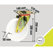 Roue avec dimensions et capacité de charge jusqu'à 750 kilogrammes