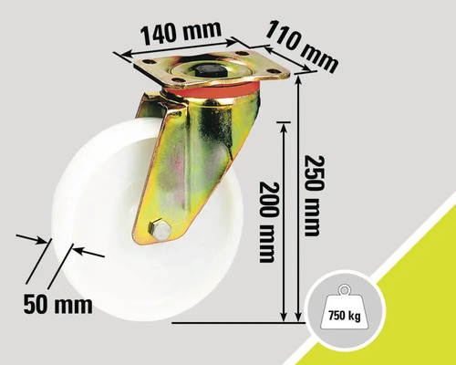 Roue avec dimensions et capacité de charge jusqu'à 750 kilogrammes